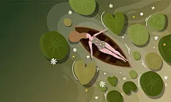 荷花池水面湖面小船泛舟荷叶插画矢量图设计素材