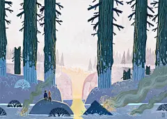 手绘树木大山背景免抠素材 平面电商 创意素材