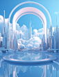 a futuristic window opening in the sky, in the style of romanticized cityscapes, daz3d, sky-blue, yanjun cheng, retro charm, fluid and organic shapes, monochromatic color scheme