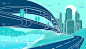城市基础设施、工业和城市景观的彩色插图。人们走过河上的桥。山路上的汽车路。白线的颜色背景。矢量设计轮