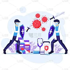 抗击病毒概念，医生和护士用剑和盾抗击Covid-19冠状病毒的插图