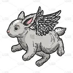 婴儿,雕刻图像,彩色图片,小兔子,天使,草图,白色,白色背景,黑色,飞