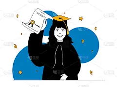 个性情境下的教育观念.穿着毕业礼服、头戴帽子的快乐学生在喜庆仪式上获得毕业证书.网页平面设计中的人物