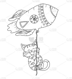 可爱的小猫在嘟嘟的火箭形状的气球里飞行。快乐的宠物角色会飞。孩子们的第一个宠物。可爱的矢量手绘插图在