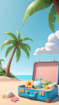 A-open-empty-suitcase-on-Empty-beach-island--coconut-tree--blue-sky--cloud--flowers--3d--summer-background--sea--tropical-leaf (1)