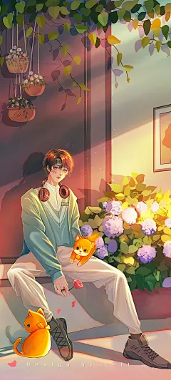 男孩 猫 鲜花 情侣手机壁纸