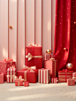 Gifts with red boxes and gold foil on a shelf, in the style of scattered composition, luminous hues, monochromatic abstractions, polka dot madness, light red, tabletop photography, stripes and shapes