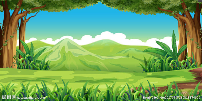 卡通动漫手绘树木草地白漫画背景