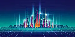 免注册|免会员 - 未来科技科幻霓虹灯渐变绚丽城市建筑夜景灯光插画AI/PSD设计素材