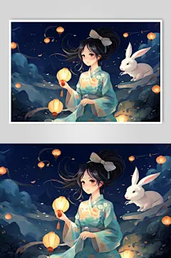 AI数字艺术中国风女孩玉兔中秋节插画