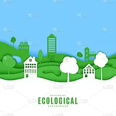 剪纸树，筑绿浪蓝天。模板剪纸风格的拯救地球海报，城市生态手册，环境保护。向量卡说明