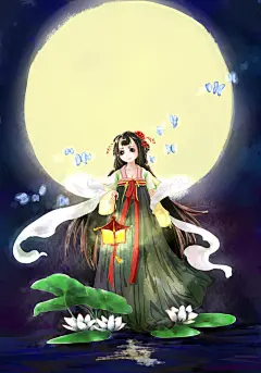 中秋快乐辣-猫屎洞_原创,插画,人物,少女,古风,妹子_涂鸦王国插画