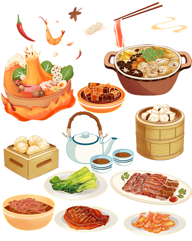 手绘火锅麻辣烫美食插画元素