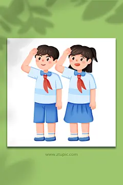 手绘卡通红领巾敬礼少先队员学生爱国插画-众图网