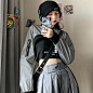 秋季韩版酷女孩穿搭套装反光炸街外套黑色短款背心网红时尚两件套-淘宝网