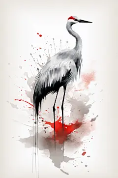 AI数字艺术中国风水墨仙鹤丹顶鹤手绘插画