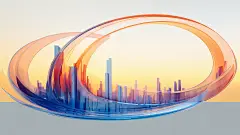 城市建筑地平线，橙色、蓝色、紫色鲜艳的圆形设计，，线条流畅弯