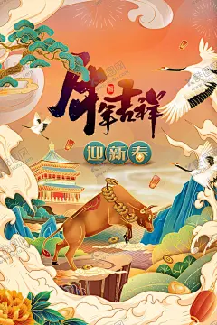 迎新春海报 【酷图网】海报,春节,新春,过年,牛年,插画,手绘,中国风,中式,金牛,仙鹤,祥云,中国元素,