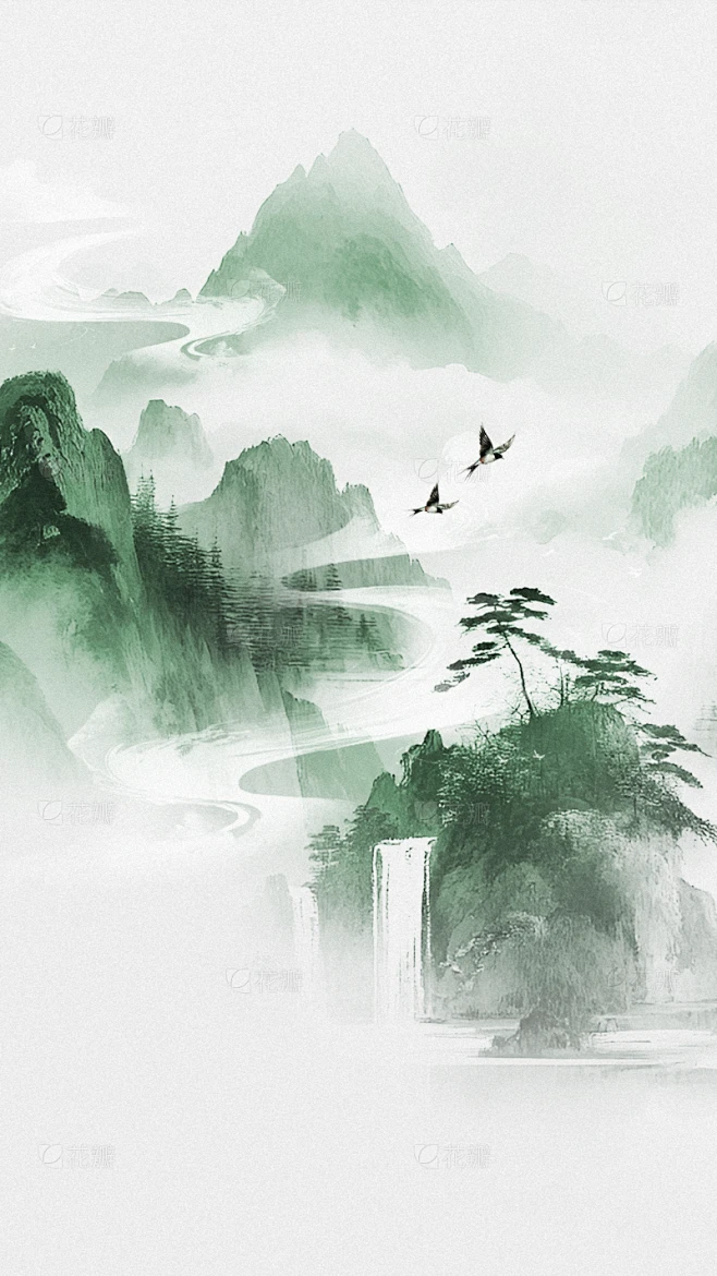 清明节国风水墨晕染山水燕子背景素材-花瓣网