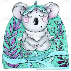插图卡通孩子气风格人物动物考拉形象瑜伽和冥想健康的生活方式方形格式绿松石和蓝色的颜色