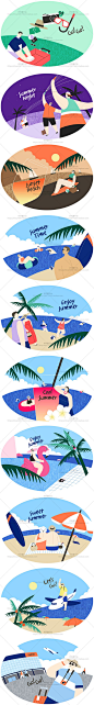 海滩海岛夏日旅行度假游泳圈太阳伞棕榈扁平人物插画PSD设计素材-淘宝网