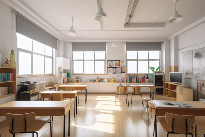 教室内部校园学校小学教室课桌椅场景摄影图