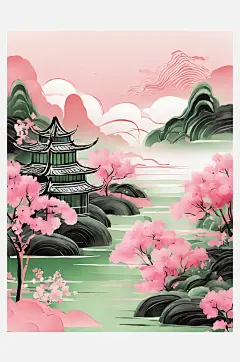 粉绿风景水墨画AI数字艺术-众图网