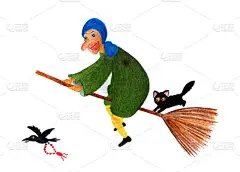 巴 Yaga。水彩插图手工画。一个女人 yaga 的神话人物。老太太正坐在一把扫帚上, 旁边是一只黑