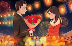 唯美浪漫爱情遇见你情侣插画