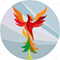 Illustration of a mythical phoenix bird rising up burning aspen tree set inside circle done in retro style on isolated background.