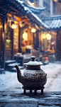 观雪煮茶冬日雪景二十四节气小寒摄影图