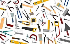 施工工具。背景。油漆工，木匠，建筑工，杂工。维修和建造服务。销售工具。锤子、钳子、锯子、剪刀、刷子。