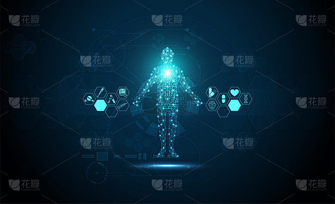 摘要科技数字健康医学概念人体数字医疗符号在高科技蓝色保健药房上的梯度