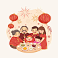 一家团员全家福新年快乐年夜饭卡通插画矢量图素材