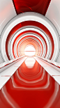 Red shiny futuristic tunnel with a red and white carpet, in the style of light gray and light bronze, high resolution, richard meier, circular shapes, windows vista, industrial and product design, vibrant, high-energy imagery