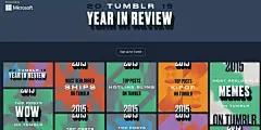 Tumblr 的年度总结在色调上更加复古怀旧，抽象的动画和海报式的界面元素更是强化了这种感觉。略显脏乱的用色让整个页面充满了80年代的风情，但是卡片式设计的加入，又没有让这种配色毁了整个设计，反而成功地让它显得更加条理化了。