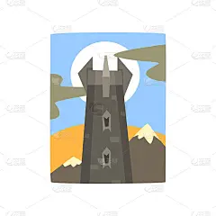 中世纪梦幻城堡在山区景观。黑暗王国之塔。堡垒后面的满月。面向故事书、网页、手机游戏或海报的平面矢量设