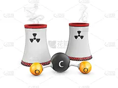 二氧化碳分子和排放污染物工厂的3d插图，冷却塔工业能源。