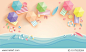 top view beach background with umbrellas,balls,swim ring,sunglasses,surfboard,
hat,sandals,juice,starfish and sea. aerial view of summer beach in paper craft style.paper cut and craft style. vector.