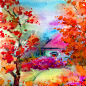 水彩彩色明亮的纹理抽象背景手工制作。地中海风景。描绘秋天乡村的建筑和植被