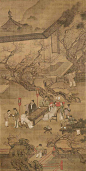 幽赏未已，高谈转清——明代画家仇英《春夜宴桃李园图》_人物 : 画是根据李白的《舂夜宴从弟桃花园序》为题材，描写李白与诸从弟于桃花盛开的春天，在桃园中聚会的盛况。亭介的曲折、树木之掩映布置十分得当；远景描绘着若隐若现的亭子，楼阁、远山、树木，楼阁、亭子在树木的掩映下仪露一…