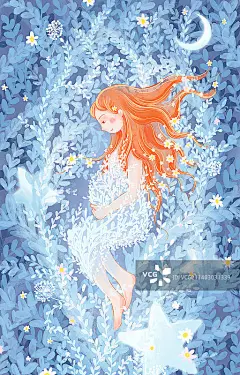 花丛草丛中躺着的怀孕妈妈星月手绘插画图片素材