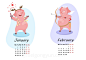 2019年卡通猪创意日历EPS矢量模版 Pig calendar for 2019 :  
