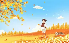 秋天的枫叶秋日风景手绘秋天落叶插画黄色卡通背景
