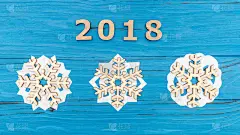 古典式,数字,雪花,三个人,桌子,蓝色,木制,2018,贺卡,新的