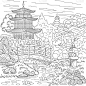 日本,成年的,宝塔,页,草图,建筑,塔,着色