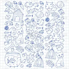 宠物店。向量例证与动物, 狗, 猫, 鱼, 五颜六色的背景与小猫, 鸟, 小狗。兽医诊所.