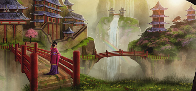 寺庙,桥梁,女孩,瀑布,彩虹,精美绘画壁...