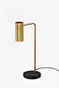 Retro Brass Table Lamp : <ul>
<li>
Brass-plated steel table lamp with black marble base</li>
<li>
Cylindrical light</li>
<li>
Push switch at mains connection</li>
<li>
G9 bulb fitting (bulb not included)<