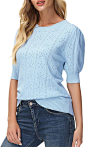 Womens Summer Puff Short Sleeve Tops Pullover Lightweight Knit Black Sweater L : Clothing, Shoes & Jewelry